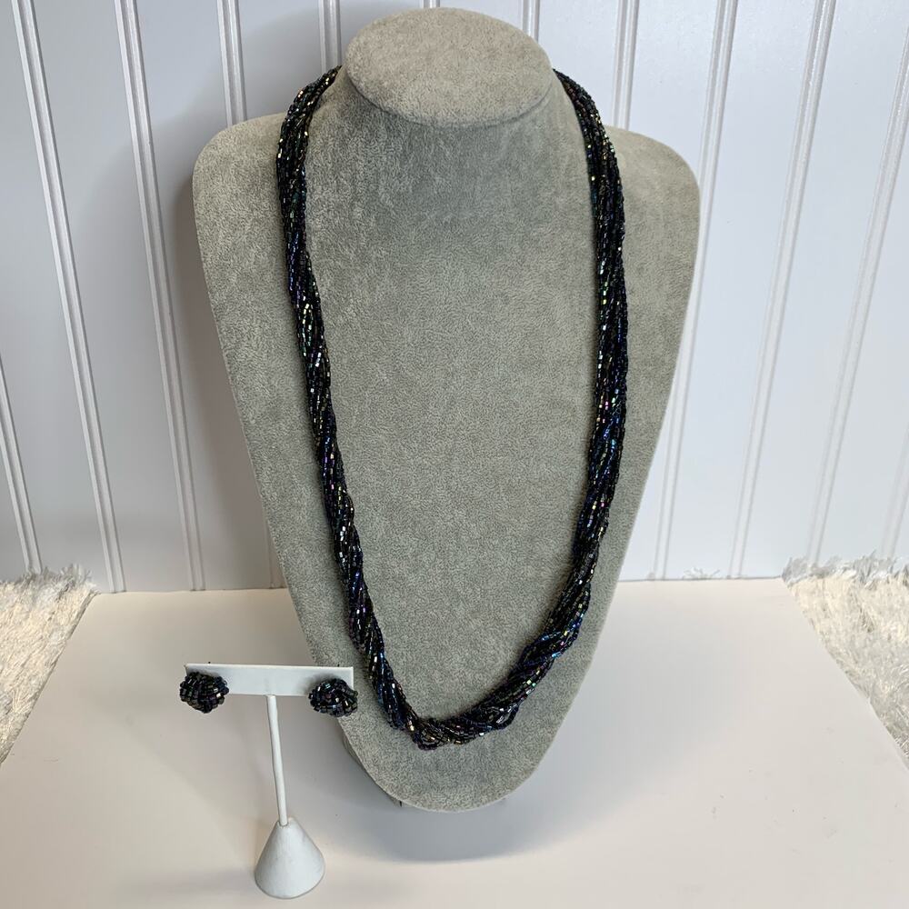 Black Irridescent Beaded Multistrand Necklace Button Earrings 30" 3/4"